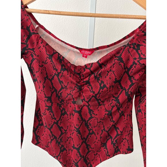 Guess Bodysuit M Red Snake-Print Deep V Sweetheart Neckline Cutout Y2K Clubwear - Picture 10 of 16